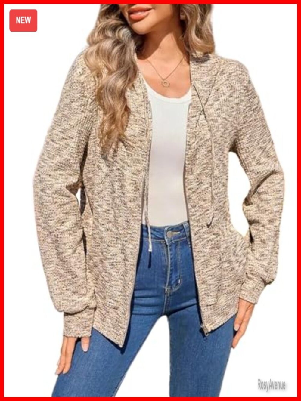 Oversized Waffle Knit Zip Up Hoodie Sweatshirt Relaxed Fit Casual